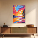 Lakeside Sunset Painting, Serene Nature Wall Art, Warm Color Palette, Scenic Landscape Print, Framed Canvas Print, Boho Bedroom Decor