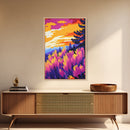 Vibrant Wildflower Art, Sunset Landscape Print, Autumn Nature Painting, Colorful Home Decor, Framed Canvas Print, Boho Bedroom Wall Art