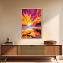Fiery Ocean Sunset, Dramatic Sky Painting, Bold Color Landscape Art, Vibrant Beach Scene, Framed Canvas Print, Modern Living Room Decor