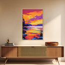 Tranquil Sunset Lake, Scenic Nature Painting, Warm Color Landscape Art, Peaceful Home Decor, Framed Canvas Print, Cozy Bedroom Wall Art
