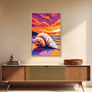 Spiral Seashell Art, Ocean Beach Painting, Vibrant Sunset Coastal Print, Tropical Wall Decor, Framed Canvas Print, Relaxing Bathroom Art
