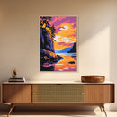 Cliffside Sunset, Mountain Lake, Nature Art, Dramatic Landscape, Canvas Print, Living Room Wall Art, Rustic Decor, Vibrant Colors