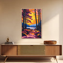Forest Sunset Path, Tranquil Woodland Scene, Vibrant Landscape Art, Cozy Nature Wall Decor, Framed Canvas Print, Autumn Living Room Art