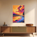 Sunset Reflection, Vibrant, Nature, Lake, Framed Canvas Print, Landscape Wall Art, Autumn Decor, Colorful Painting, Home Office, Rustic Art