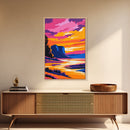 River Sunset, Cliff, Glow, Vibrant, Framed Canvas Print, Autumn Landscape, Nature Wall Art, Living Room Decor, Modern Rustic, Warm Tones