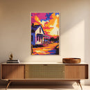 Country House, Farmhouse, Sunset, Glow, Framed Canvas Print, Rural Wall Art, Warm Home Decor, Rustic Landscape, Cozy Living Room