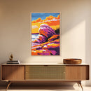 Rock Formations, Beach, Sunset, Vibrant, Framed Canvas Print, Coastal Nature Art, Ocean Landscape, Earthy Decor, Tranquil Wall Art
