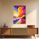 Ocean Waves, Fiery Sunset, Coastal Painting, Framed Canvas Print, Beach House Wall Art, Summer Vibes, Vibrant Home Decor, Large Artwork