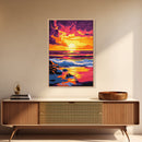 Sunset Waves, Ocean Horizon, Coastal Scene, Framed Canvas Print, Beach House Decor, Serene View, Vibrant Painting, Large Wall Art