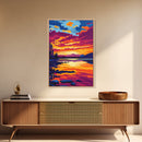 Golden Sunset, Tropical Beach, Ocean View, Framed Canvas Print, Coastal Wall Art, Relaxing Home Decor, Vibrant Beach Aesthetic