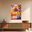 Surf Shack, Tropical Landscape, Sunset Beach, Framed Canvas Print, Boho Wall Art, Coastal Home Decor, Vibrant Surfing Aesthetic