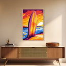 Surfboard Sunset, Ocean Waves, Beach Art, Canvas Print, Coastal Living Decor, Bold Tropical Colors, Relaxing Wall Art, Modern Home