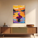 Woman Swimming, Sunset, Nature Art, Framed Canvas Print, Relaxing Wall Art, Bedroom Decor, Bold Colors, Scenic Painting, Lake Art