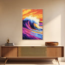 Wave Art, Surfing Aesthetic, Sunset Ocean, Framed Canvas Print, Beach House Decor, Coastal Wall Art, Vibrant Colors, Modern Seascape