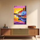 Lakeside Cabin, Cozy Retreat, Waterfront House, Nature Art, Canvas Print, Living Room Wall Art, Rustic Decor, Bold Sunset Tones