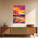 Sunset Landscape, Vibrant Nature Art, Framed Canvas Print, Colorful Wall Decor, Mountain Painting, Living Room Art, Modern Art