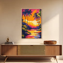 Palm Trees, Tropical Sunset Art, Framed Canvas Print, Vibrant Beach Decor, Island Landscape, Coastal Wall Art, Living Room Decor
