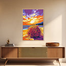 Coastal Grass, Sunset Beach Scene, Framed Canvas Print, Vibrant Seaside Painting, Ocean View Art, Living Room Decor, Warm Nature Art