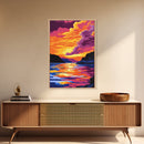 Lake Sunset, Vibrant Water Reflection Art, Framed Canvas Print, Serene Nature Scene, Bold Landscape Painting, Relaxing Wall Decor