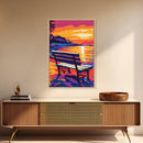 Seaside Bench, Sunset Beach Art, Romantic Wall Art, Coastal Decor, Framed Canvas Print, Nature Wall Art, Serene Landscape Painting
