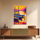 Docked Canoes, Lake Sunset Painting, Nautical Wall Decor, Tranquil Water Scene, Framed Canvas Print, Cabin Wall Art, Serene Landscape