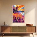 Lakeside Pines, Autumn Nature Art, Tranquil Landscape, Vibrant Sunset Painting, Framed Canvas Print, Cabin Wall Decor, Rustic Home Art