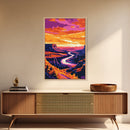 River Valley, Sunset Glow, Nature Escape, Vibrant Canyon, Framed Canvas Print, Living Room Wall Art, Western Landscape Painting
