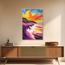 Ocean Waves, Coastal Cliff, Vibrant Sunset, Framed Canvas Print, Beach House Wall Art, Nautical Home Decor, Ocean Serenity Painting