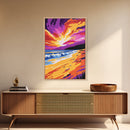 Sunset Beach, Colorful Seascape, Vibrant Ocean, Coastal Wall Art, Canvas Print, Living Room Decor, Beach House Art, Sunset Painting