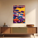 River Stones Reflection, Canvas Print, Colorful Sunset, Modern Landscape, Nature Artwork, Peaceful Lake, Warm Aesthetic, Living Room Art