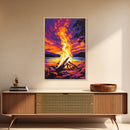 Campfire Blaze, Sunset Glow, Nature Landscape, Framed Canvas Print, Rustic Wall Art, Cabin Decor, Autumn Aesthetic, Warm Colors