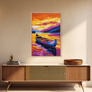 Canoe Serenity, Golden Lake, Sunset Mountains, Canvas Print, Tranquil Nature Art, Living Room Wall Decor, Boho Aesthetic, Warm Colors
