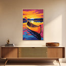River Canoe, Sunset Glow, Water Reflection, Canvas Print, Adventure Art, Nature Inspired Decor, Boho Aesthetic, Cabin Wall Art