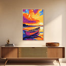 Lake Canoe, Tranquil Waters, Warm Sunset, Framed Canvas Print, Rustic Cabin Art, Living Room Wall Art, Cozy Autumn Decor, Bohemian Style