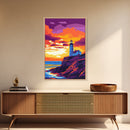 Lighthouse Art, Coastal Seascape Painting, Nautical Home Decor, Ocean Sunset Print, Beach House Wall Art, Framed Canvas Print, Office Decor