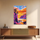 Cliffside Sunset Art, Vibrant Seascape Painting, Ocean Print, Coastal Home Decor, Beach Scene, Framed Canvas Print, Living Room Art