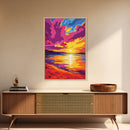 Sunset Beach, Ocean View, Coastal Wall Art, Vibrant Seascape, Living Room Decor, Nautical Aesthetic, Framed Canvas Print, Gift Idea