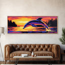 Dolphin Sunset Art, Ocean Scene, Tropical Coastal Decor, Marine Wildlife, Beach House Wall Accent, Serene Nature Painting, Canvas Print
