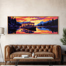 Riverboat Serenity, Tranquil Waters, Sunset Reflection, Lake Retreat, Framed Canvas Print, Home Decor, Cabin Wall Art, Nature Aesthetic
