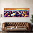 Colorful Rocks, Coastal Art, Sunset Beach Scene, Nature Inspired, Bathroom Wall Art, Vibrant Seaside Decor, Framed Canvas Print