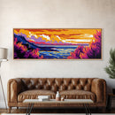 Sunset Coastline, Vibrant Seascape, Ocean View, Colorful Landscape, Framed Canvas Print, Living Room Wall Art, Beach House Decor