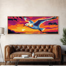 Flying Seagull, Ocean Sunset, Coastal Bird, Colorful Sky, Framed Canvas Print, Nautical Wall Art, Beach House Decor, Bold Landscape