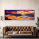Sunset Beach, Coastal Landscape, Colorful Ocean, Tranquil View, Framed Canvas Print, Serene Wall Art, Bold Colors, Nautical Style