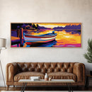Lake Boat, Sunset Art, Cabin Decor, Vibrant Wall Art, Framed Canvas Print, Rustic Living Room, Nautical Art, Bold Seascape Painting