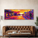Sunset Street, Urban Glow, Cityscape Silhouette, Vibrant Colors, Framed Canvas Print, Living Room Decor, Bold Abstract, Urban Landscape