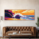 Rocky Shore, Ocean Wave, Sunset Coastline, Vibrant Nature, Framed Canvas Print, Beach House Decor, Bold Seascape, Nautical Style