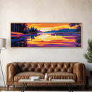 Sunset Lake, Tranquil Reflection, Serene Nature Art, Vibrant Landscape, Framed Canvas Print, Cozy Cabin Decor, Warm Autumn Colors