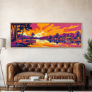 Lakeside Village, Colorful Sunset, Cozy Retreat, Framed Canvas Print, Scenic Nature Wall Art, Rustic Cabin Home Decor, Warm Tones