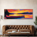 Tranquil Canoe, Lake Reflection, Majestic Sunset, Framed Canvas Print, Cozy Cabin Wall Art, Rustic Retreat Decor, Adventure Aesthetic