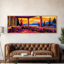 Lakeside, Patio, Sunset, Framed Canvas Print, Vibrant Landscape Art, Dining Room Art, Cozy Decor, Warm Tones, Rustic Autumn Wall Art